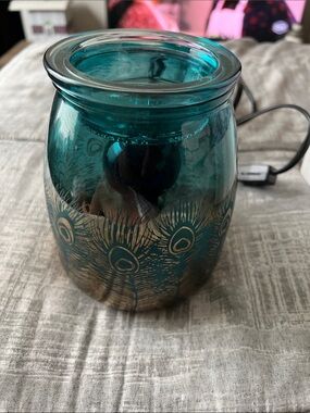 Scentsy Teal Glass Jar with Gold Peacock Feather Motif
